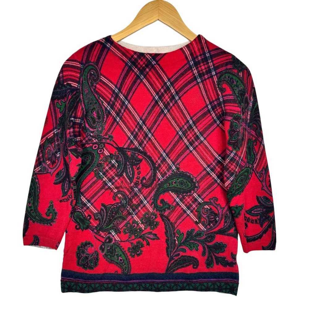 Talbots Womens 100% Merino Wool Sweater Large L Red Plaid Paisley 3/4 Sleeve